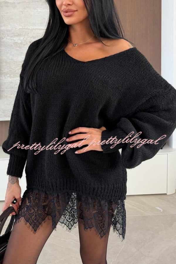 Comfy and Sweet Knit Lace Patchwork Hem Wide Neck Long Sleeve Loose Sweater