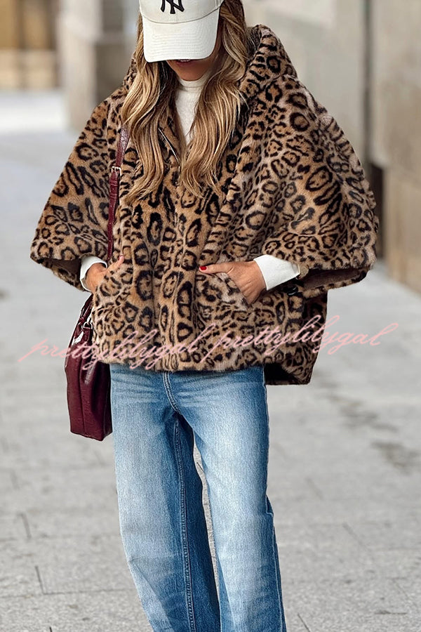 Taylor Plush Fabric Leopard Print Zipper Pocketed Cape Hooded Coat