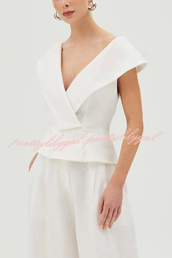 Velena Linen Blend Button Up Lapel Top and High Rise Pocket Wide Leg Pants Set