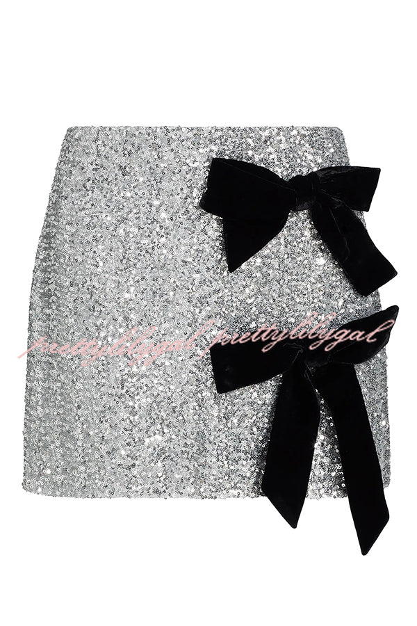 Holiday Party Sequin Velvet Bow Detail High Rise Stretch Mini Skirt