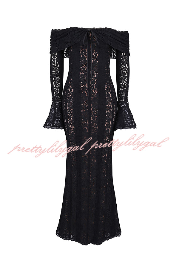 Outline The Curve Floral Lace Off Shoulder Bell Sleeve Stretch Maxi Dress