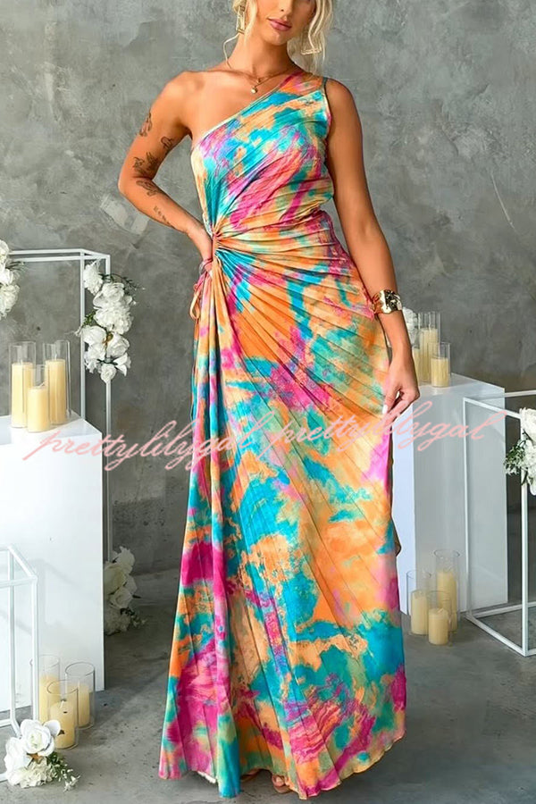 Tejano Satin One Shoulder Adjustable Tie Pleated Maxi Dress