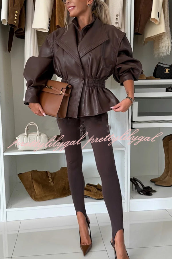 Play It Cool Faux Leather Single Button Elastic Waist Lapel Moto Jacket