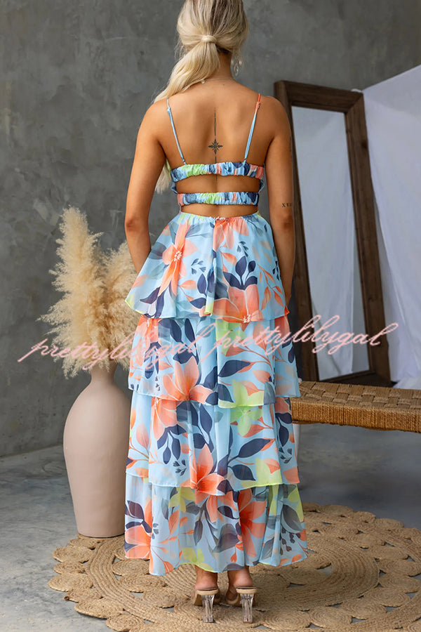 Dreamy Destiny Floral Print Elastic Back Tiered Maxi Dress