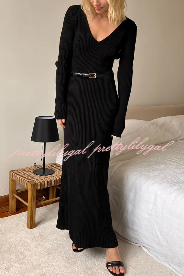 Solid Color V-neck Long-sleeved Slim-fit Elegant Knit Maxi Dress