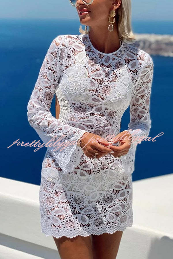 Santorini Sunset Floral Lace Long Sleeve Backless Tie-up Vacation Mini Dress