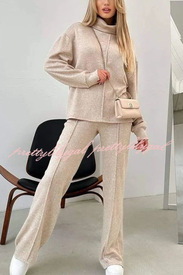 Solid Color Casual Knitted High Neck Long Sleeve Top and Elastic Waist Loose Pants Set