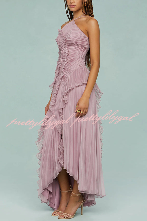 Dream Ode Lily Pad Style Pleats and Ruffles Halter Gown Maxi Dress