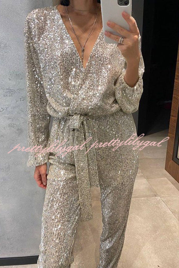 Cheers To You Sequin Long Sleeve Belted Wrap Loose Jumpsuit