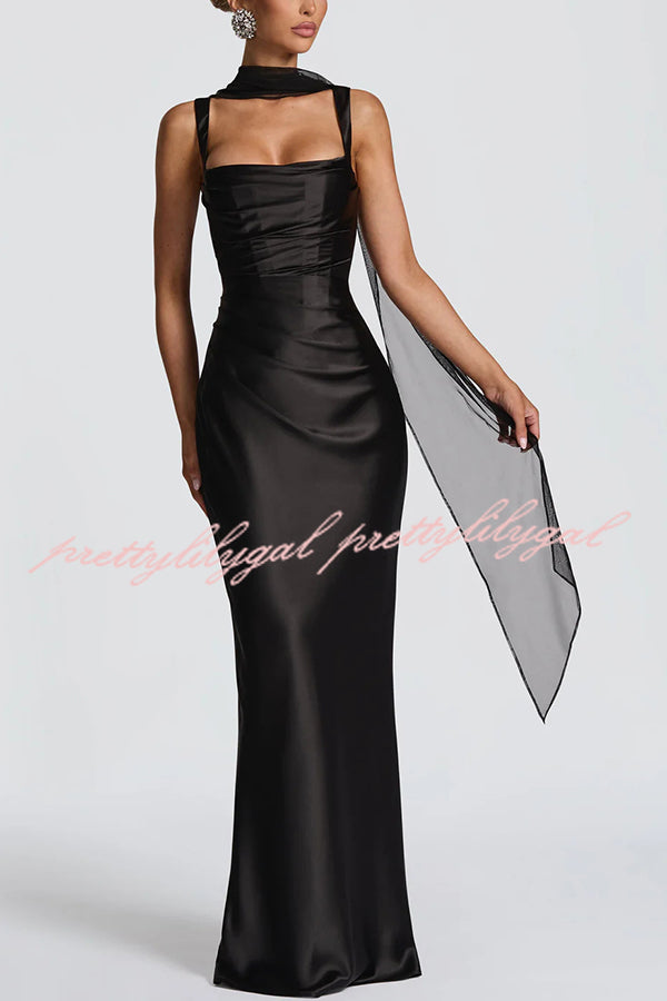 Calanthe Satin Square Neck Ruched Back Lace-up Drape Mesh Scarf Maxi Dress