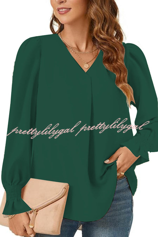 Solid Color V-neck Elastic Cuffs Long-sleeved Loose Top