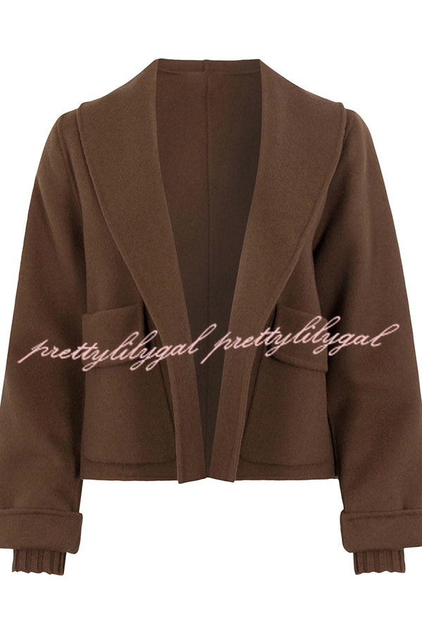 Comfortable Season Shawl Collar Open-front Long Sleeve Flap Pockets Crop Coat