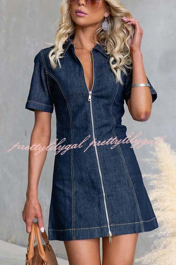 Street Chic Denim Shirt Neck Front Zip-up Stretch Mini Dress
