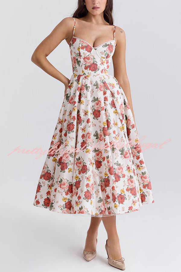 Fairy Tale Gorgeous Italian Rose Print Tulle Pocketed Slip Midi Dress