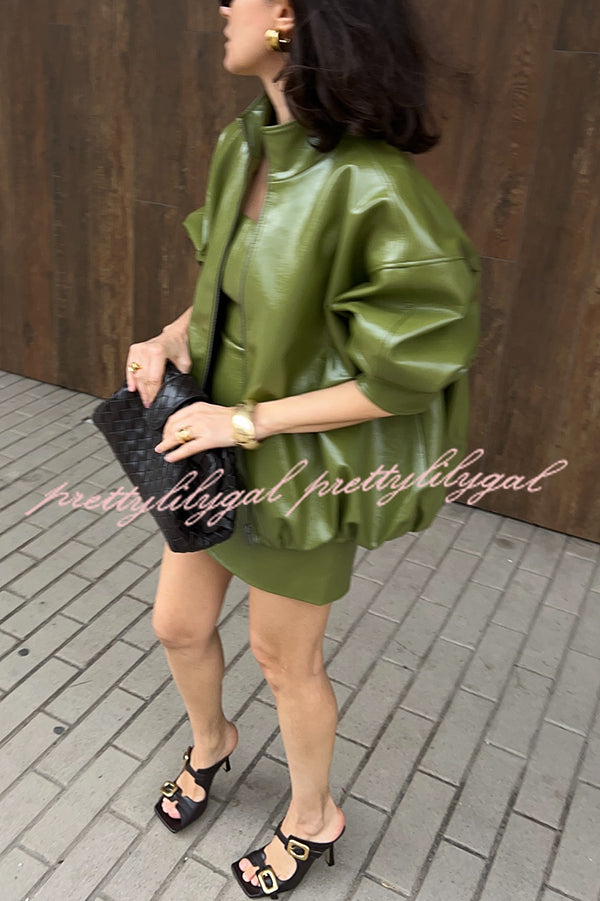 Solid Color Loose Long Sleeve Pocket Casual Leather Jacket