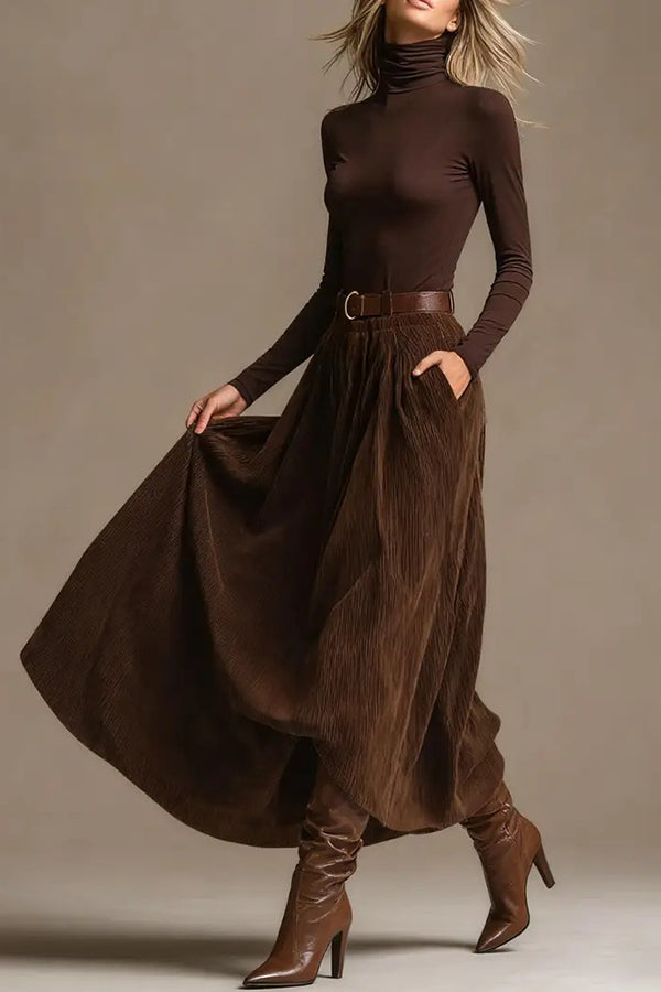 Stylish High-neck Long-sleeved Fitted Top and Casual Elastic Waist Pocket Maxi Skirt Set