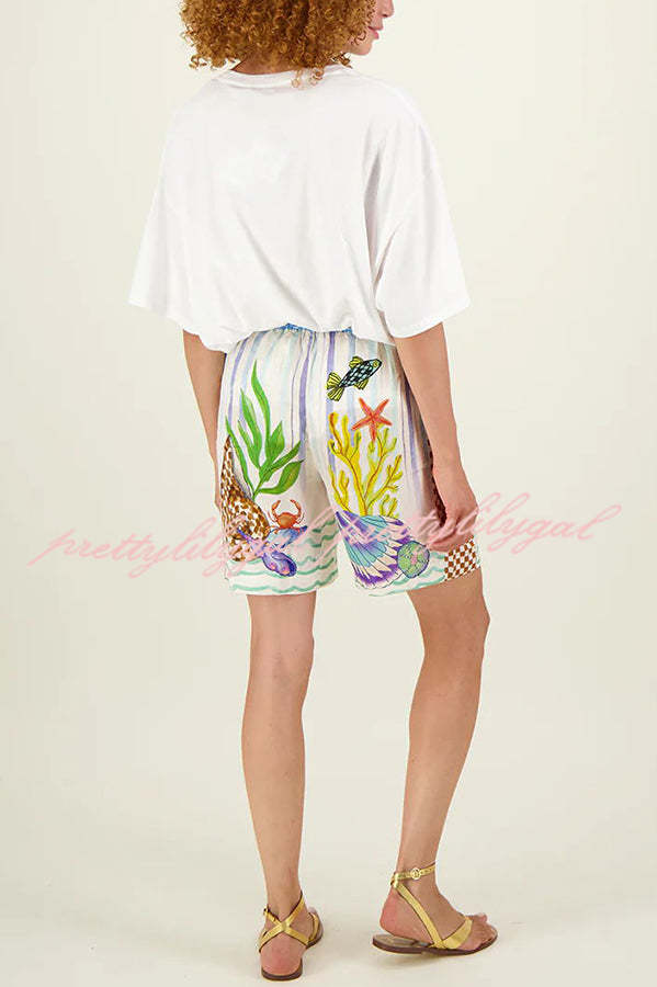 Coastal Seashell Satin Unique Print Pocket Loose Shirt and Elastic Waist Shorts Set