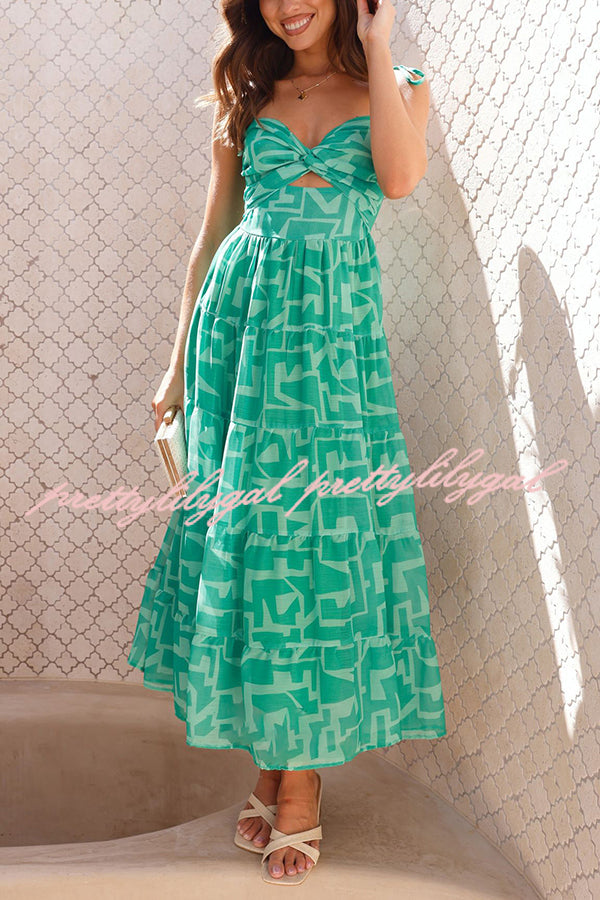 Unique Printed Suspender Tie Back Pleated Midi Dress