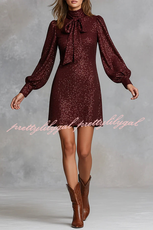 Gift for Me Sequin High Neck Bow Tie Long Lantern Sleeve Party Mini Dress