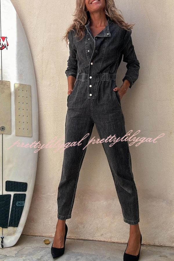 Carey Denim Button Up Long Sleeve Elastic Waist Pocketed Loose Jumpsuit