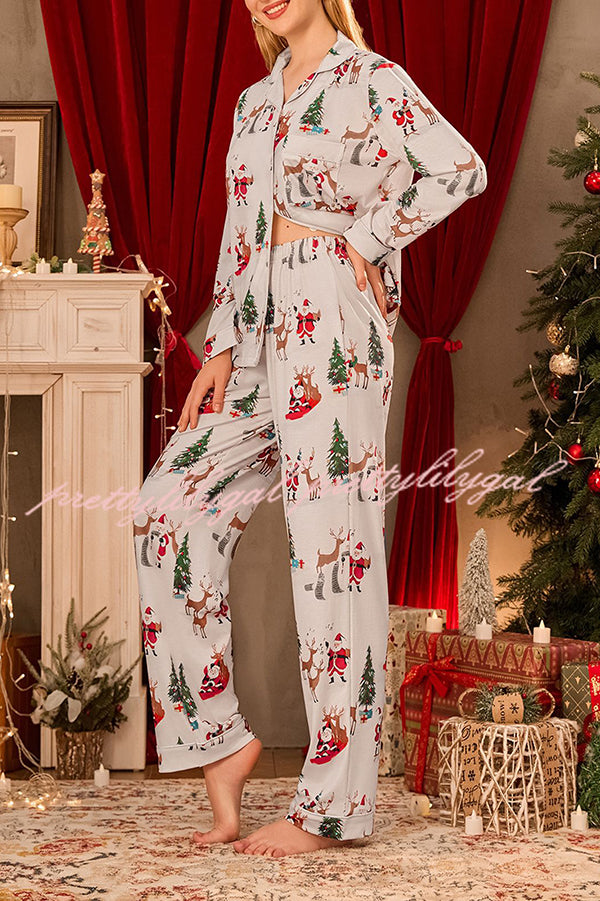 Christmas Holiday Print Long Sleeve Pocket Top and Elastic Waist Loose Pants Set