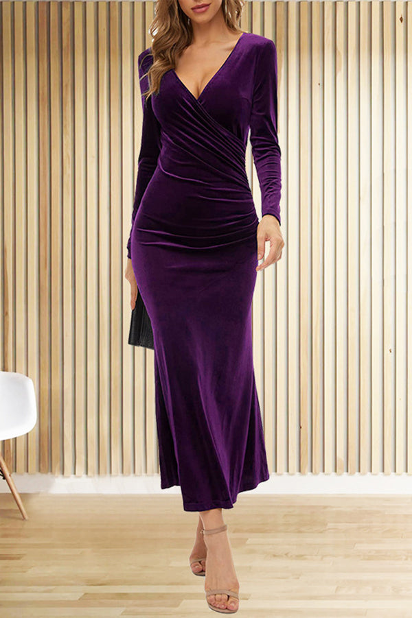 fitted lace wedding dress Solid Color Velvet Long Sleeve V-neck Slim Fit Fishtail Maxi Dress –  prettylilygal