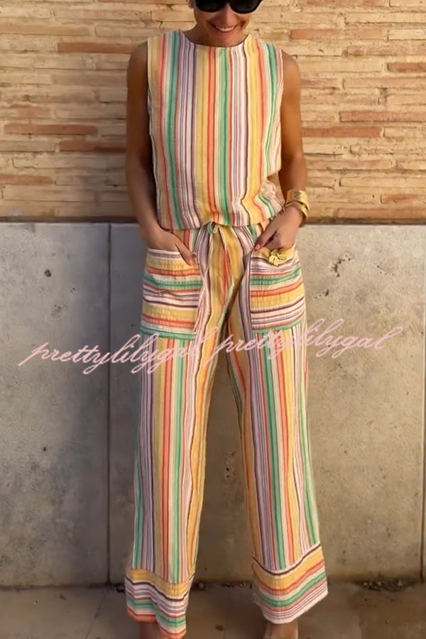 Tylah Linen Blend Colorful Striped Back Button Vest and Elastic Waist Pocket Loose Pants Set