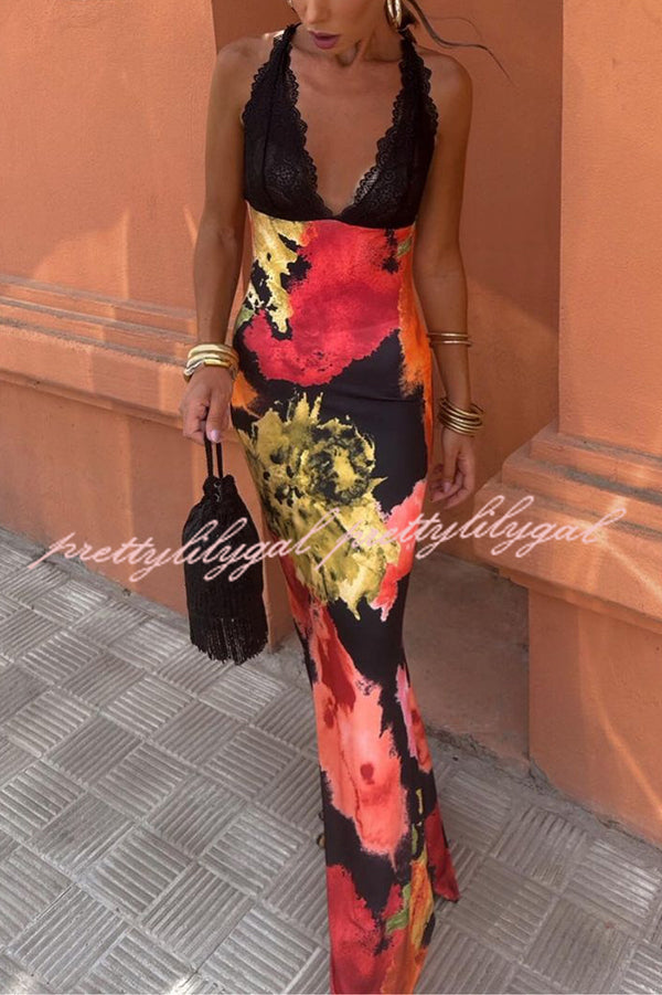 Unique Printed Sexy Lace V-neck Backless Maxi Dress