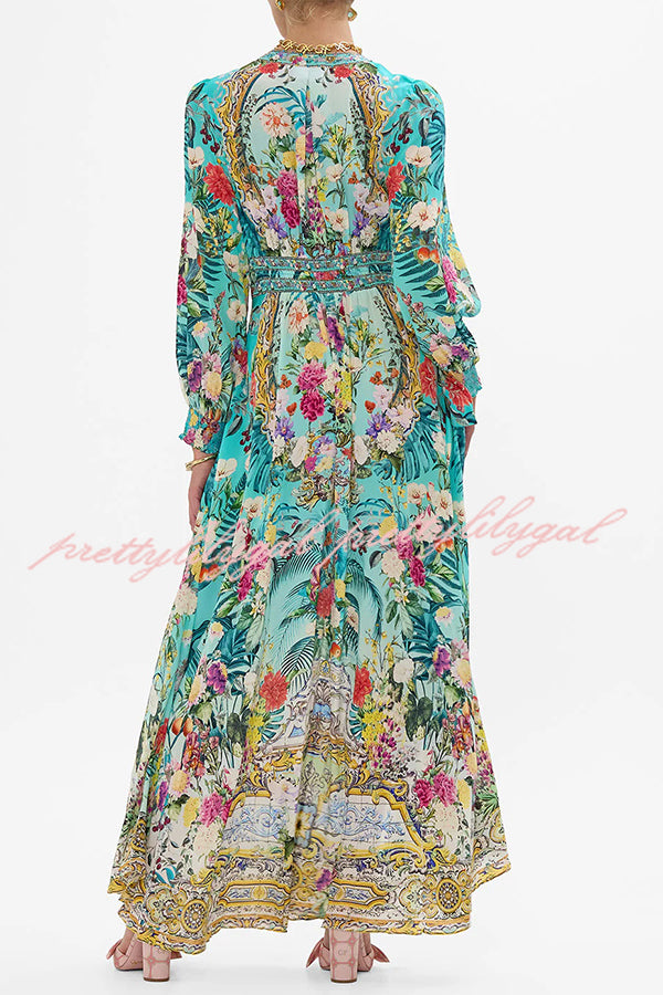 Fairy Tale Print V-Neck Lantern Sleeve Waist Maxi Dress