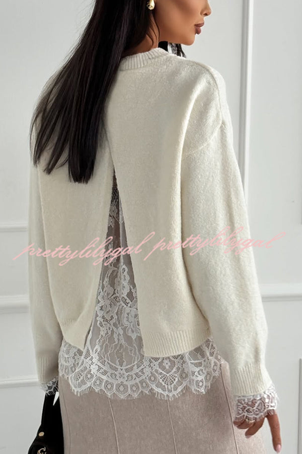 Caitlin Knit Lace Trim Patchwork Long Sleeve Back Slit Relaxed Sweater