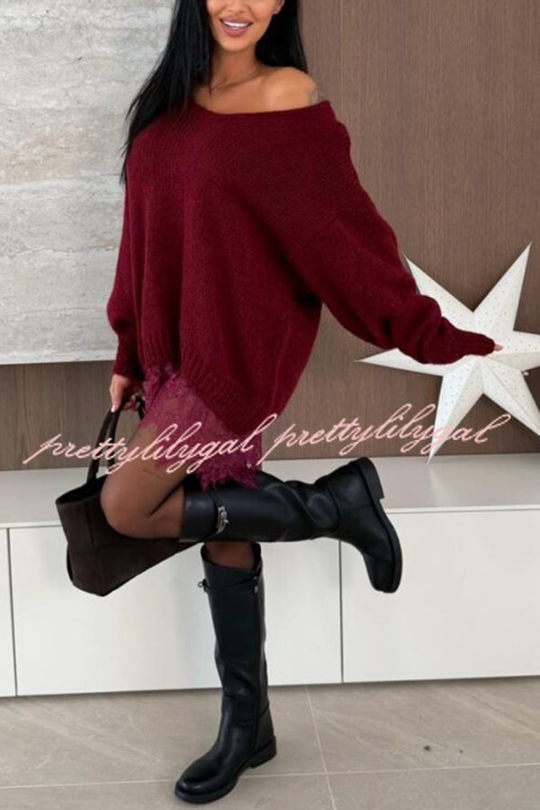Comfy and Sweet Knit Lace Patchwork Hem Wide Neck Long Sleeve Loose Sweater