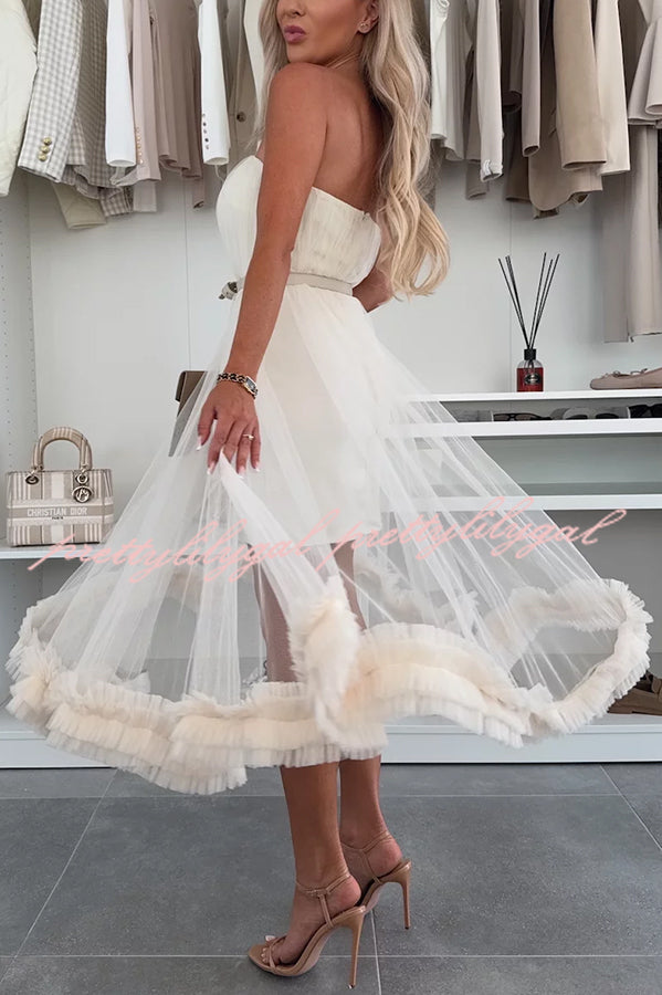 Fairytale Charm Tulle Off Shoulder Ruffles Trim A-line Midi Dress