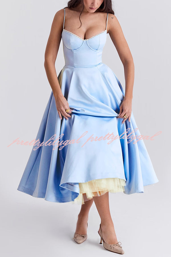 Fairytale Vibe Satin Patchwork Tulle Sweetheart Neck Pocket Stretch Midi Dress