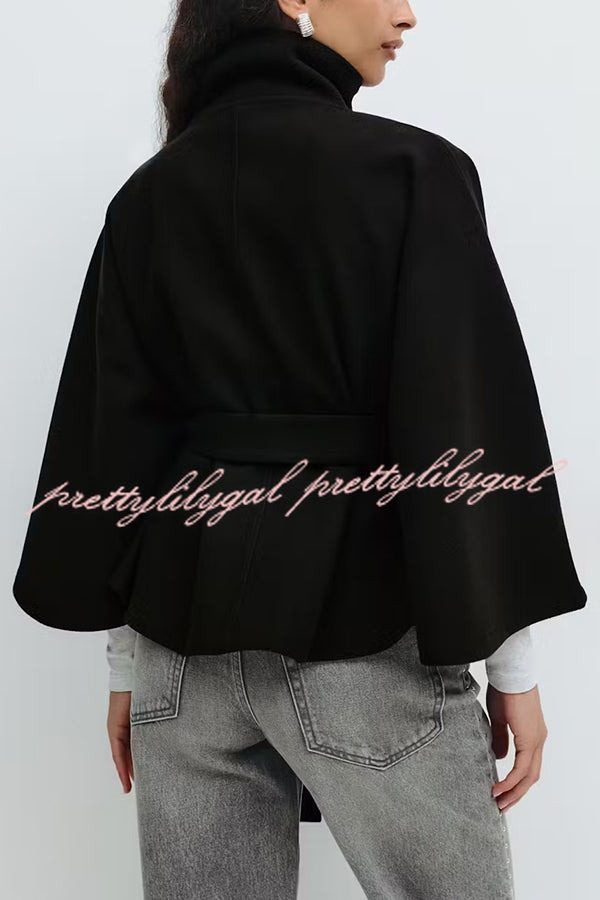 Fashionable Stand Collar Button Waist Tie Loose Cape
