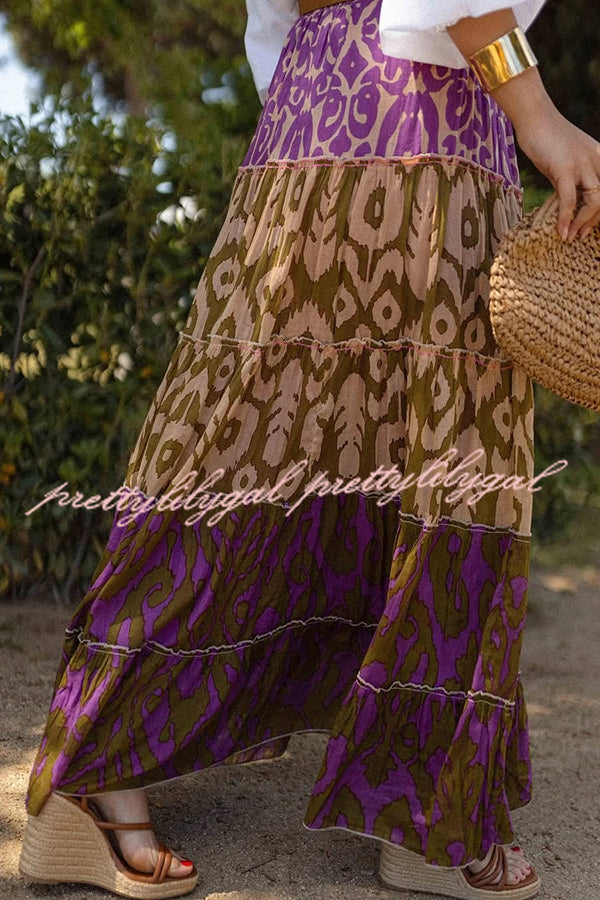 Resort Style Unique Print Elastic Waist Loose Stitching Maxi Skirt