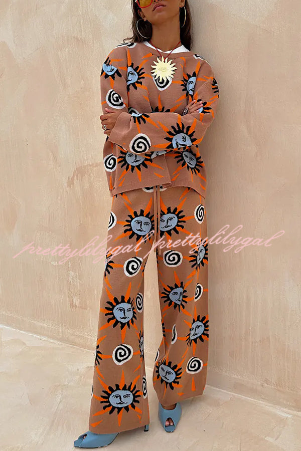 Mediterranean Art Knit Unique Sun Vortex Print Long Sleeve Relaxed Sweater