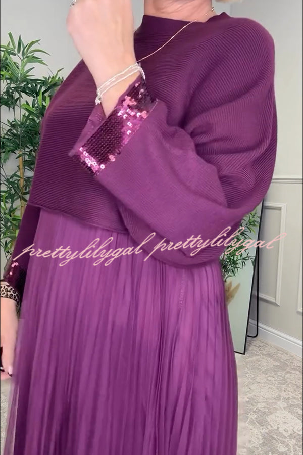 Fenna Ribbed Sequin Trim Batwing Sleeve Sweater and Pleated Tulle Stretch Tank Midi Dress Two-piece Set