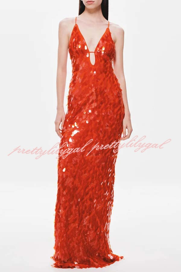 Reshape Beauty Fish Scale Sequin Cutout U-neck Slip Maxi Dress