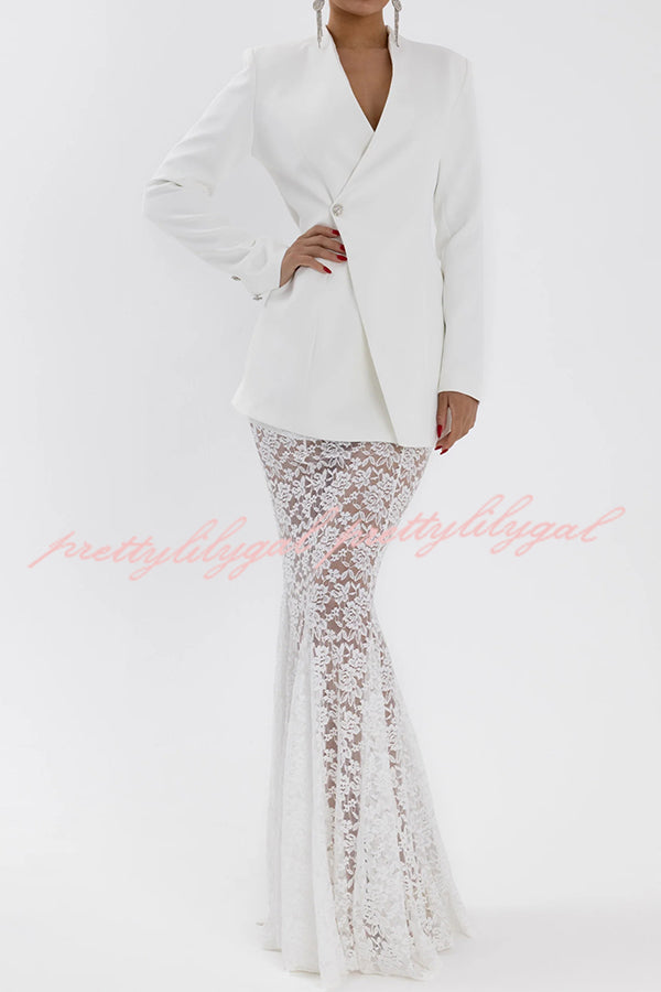 Poetic Muse Floral Lace High Rise Elastic Waist Fishtail Hem Maxi Skirt