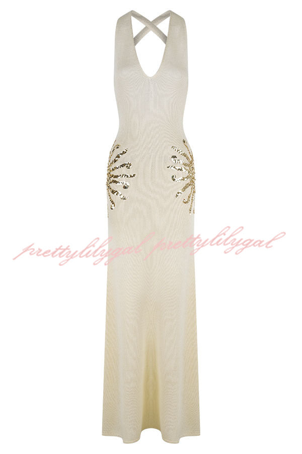 Sparkling Nights Knit Sunburst Sequin Detail Back Cross Straps Stretch Maxi Dress