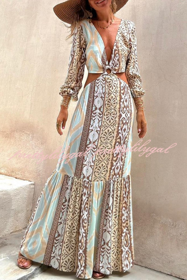 Sefora Unique Color Block Print Long Sleeve Ring Cutout Back Tie-up Maxi Dress