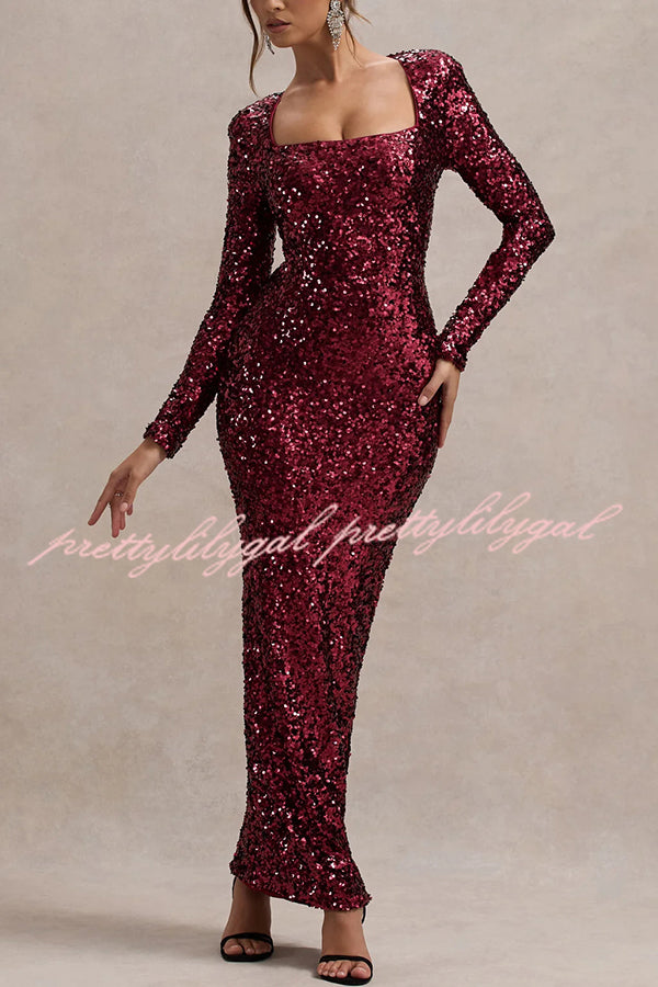 My Dream Sequin Square Neck Long Sleeves Slit Maxi Dress