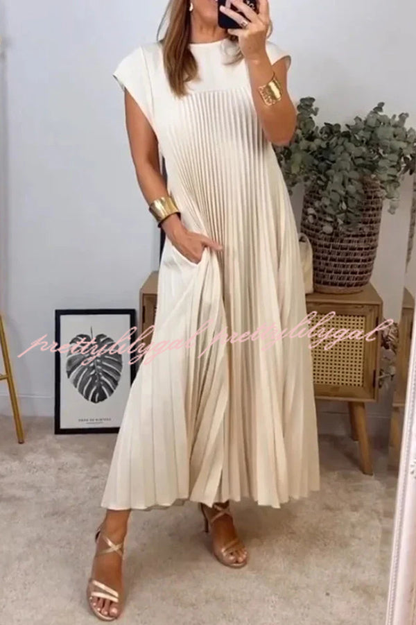 Solid Color Round Neck Sleeveless Pleated Large Hem Maxi Dress