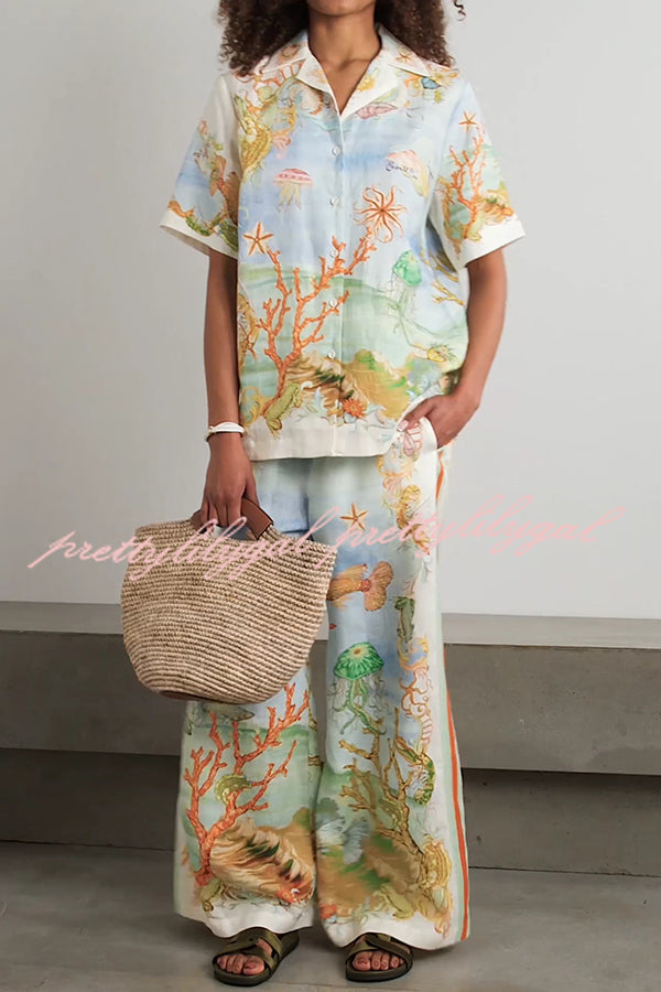Unique Printed Lapel Short Sleeve Loose Shirt and Elastic Waist Casual Pocket Vacation Pants Set