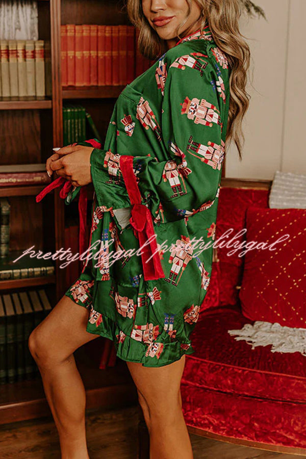 Christmas Dreaming Satin Nutcrackers Print Velvet Trim Elastic Waist Pocketed Pajama Shorts Set