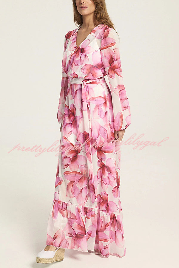 Island Girl Floral Print V-neck Long Sleeve Tie Slit Holiday Maxi Dress