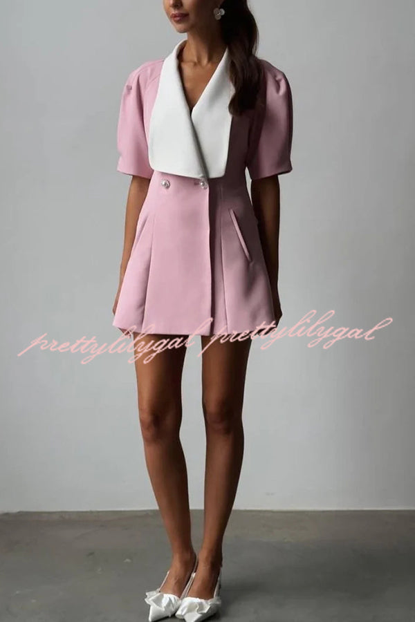 Seasonal Cheer Pearl Button Puff Sleeve Backless Bow Lapel Mini Dress