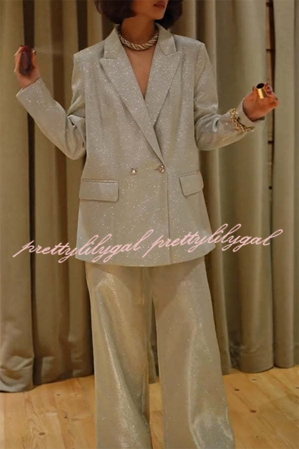 Holiday Queen Glitter Fabric Lapel Boyfriend Blazer and Pocketed Wide Leg Pants Set