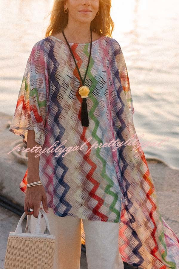 Sun Washed Knit Colorful Zigzag Pattern Asymmetric Hem Loose Cover-ups Kaftan