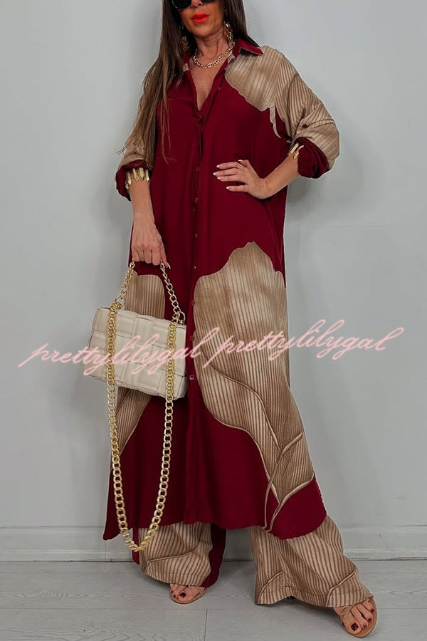 Unique Printed Casual Loose Long Shirt and Elastic Waist Pocket Wide Leg Pants Set